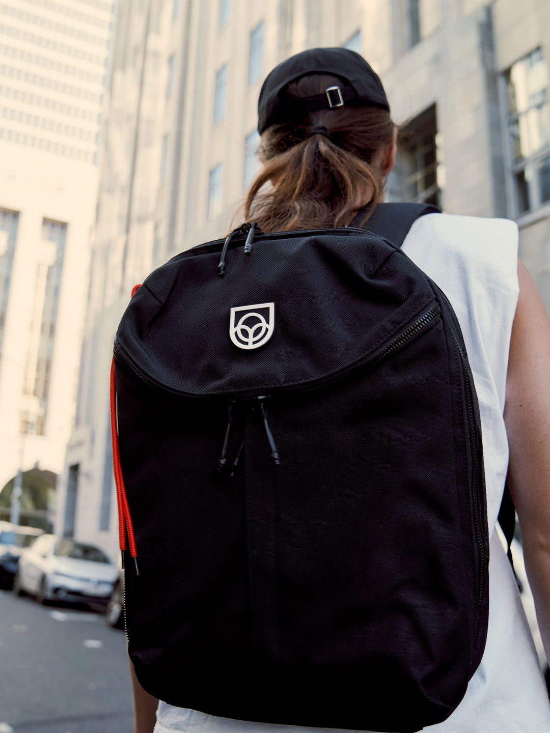 Bound backpack on a city commute