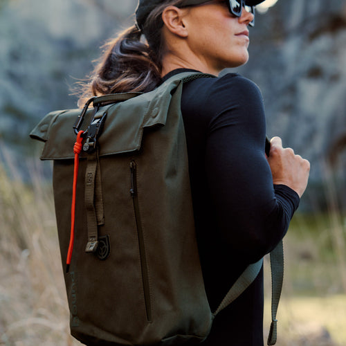 Bound Roll-Top Backpack in Green – lifestyle