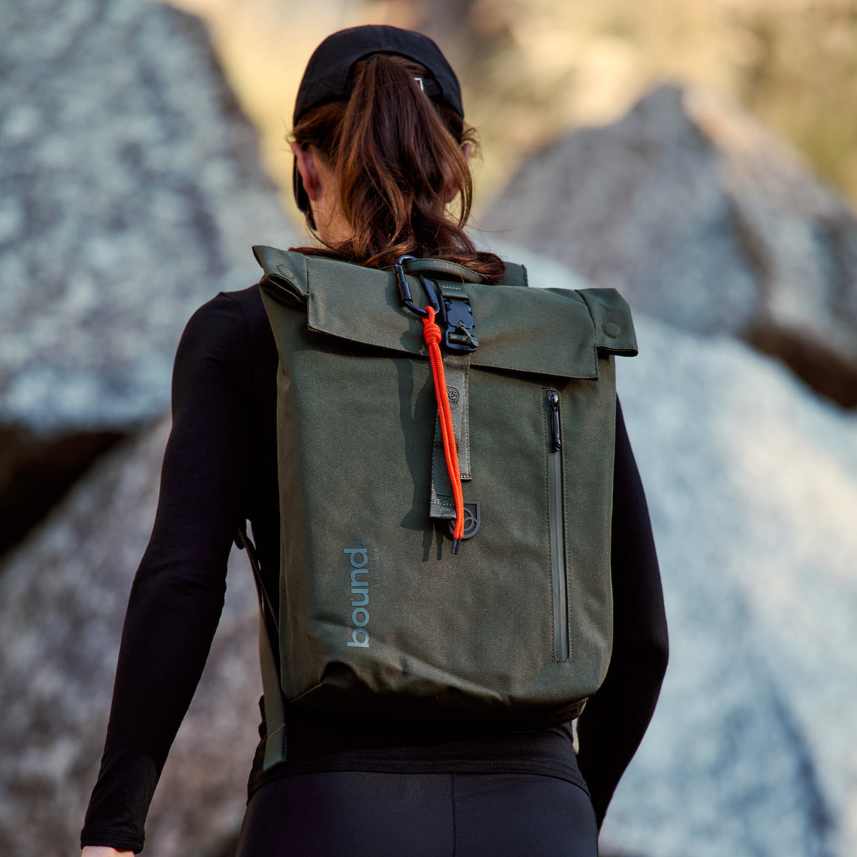 Bound Roll-Top Backpack in Green – lifestyle