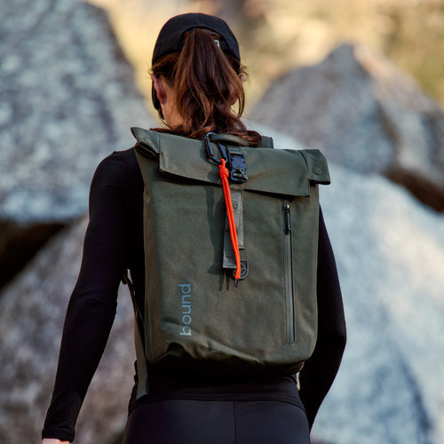 Bound Roll-Top Backpack in Green – lifestyle